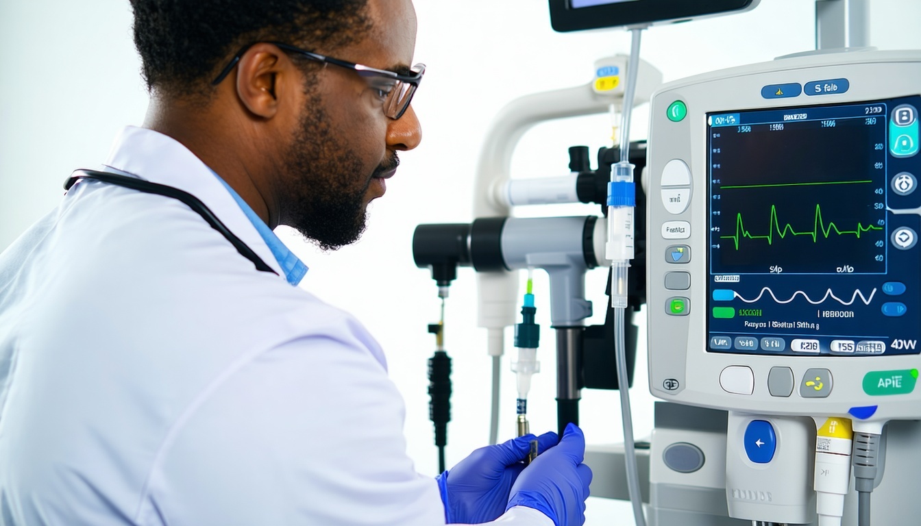 Doctor examining a dialysis machine