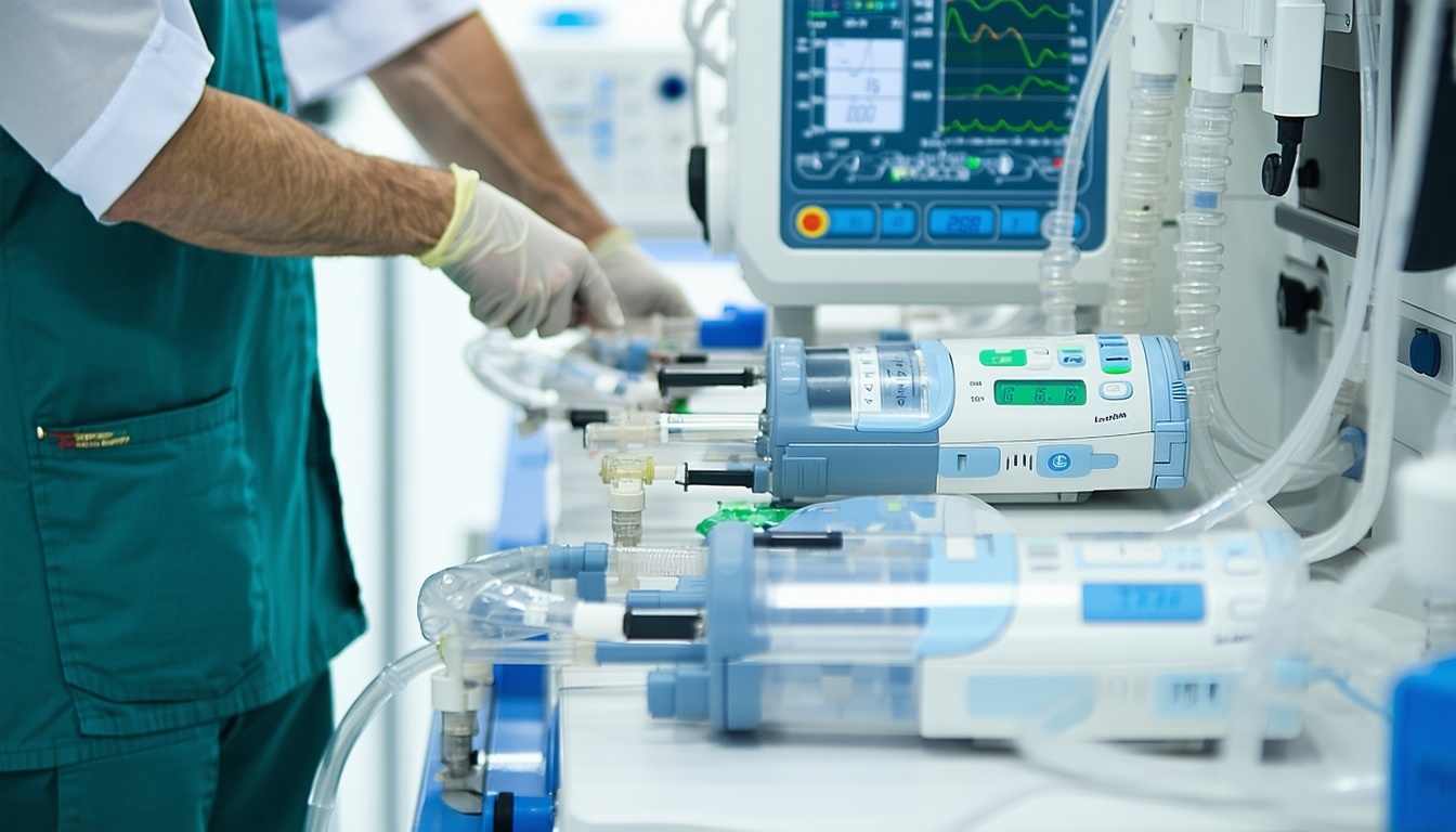 Medical team preparing dialysis equipment