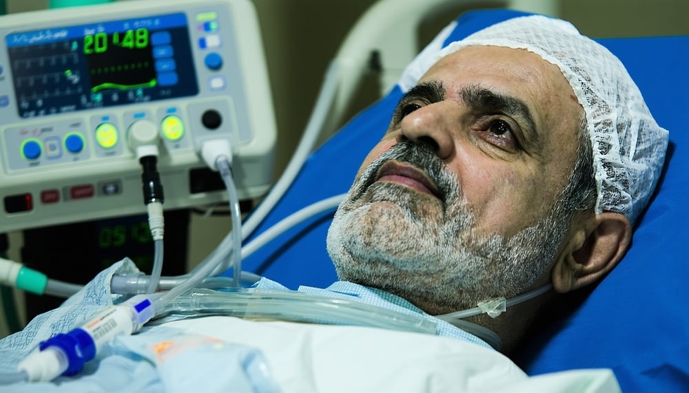 An Iranian patient receiving dialysis treatment with the help of donated medical supplies.